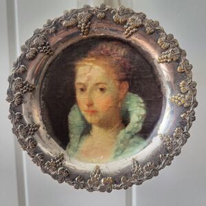 Antique Miniature Silver Tray w/ Portrait of a Lady decoupaged inside back hangs